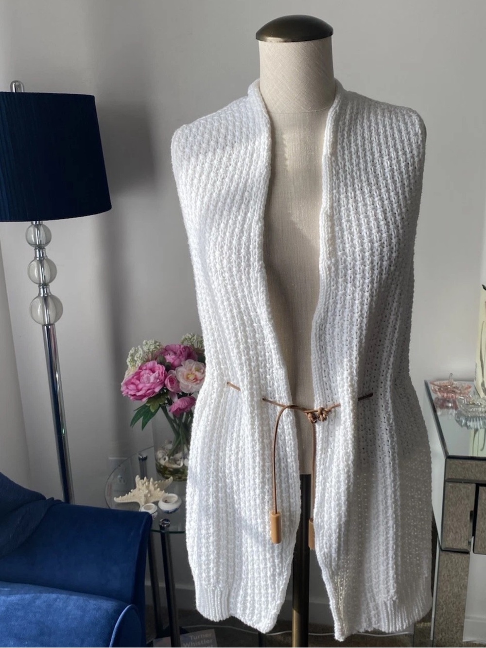Women’s Fabiana Filippi Knitted Sleeveless Cardigan Vest Leather Belt White XS